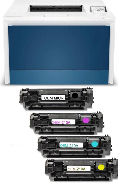 HP LaserJet 4201DN Check Printer with W2100A OEM MICR Cartridge, 210A CMY Toner Set