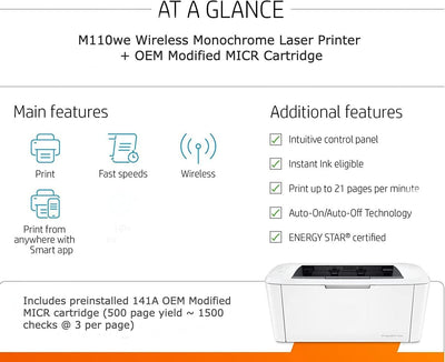 HP M110we Wireless LaserJet Check Printer with OEM Modified 141A MICR Cartridge