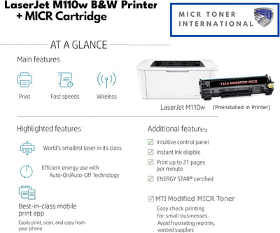 HP M110w LaserJet Check Printer Bundle with 141A Modified OEM MICR Cartridge