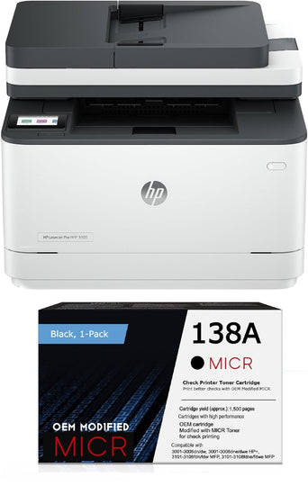 HP 3101sdw LaserJet Pro MFP MICR Printer and 1 OEM 138A MICR Cartridge