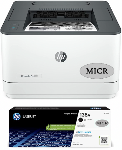 HP 3001dw MICR Printer and 1 HP W1380A 138A OEM MICR Cartridge